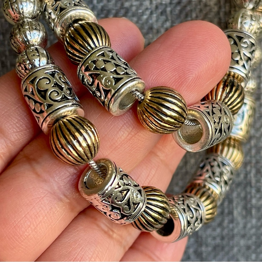 Textured Silver Gold Tube Round Beads Two-Strand Silver Snake Chain Necklace